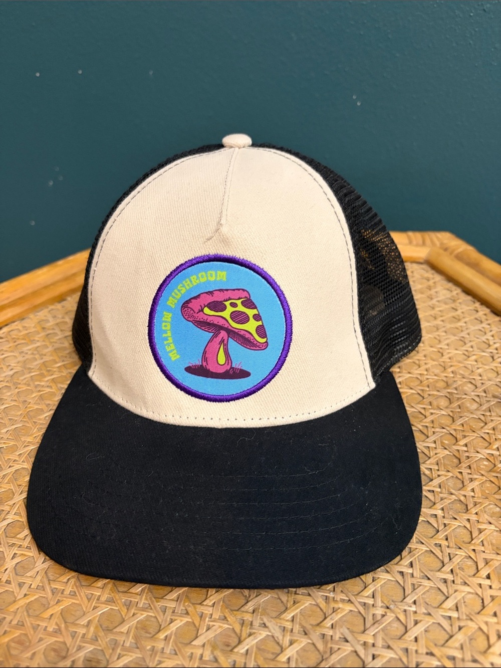 Cream and Black Trucker Hat with Colorful Mushroom Patch